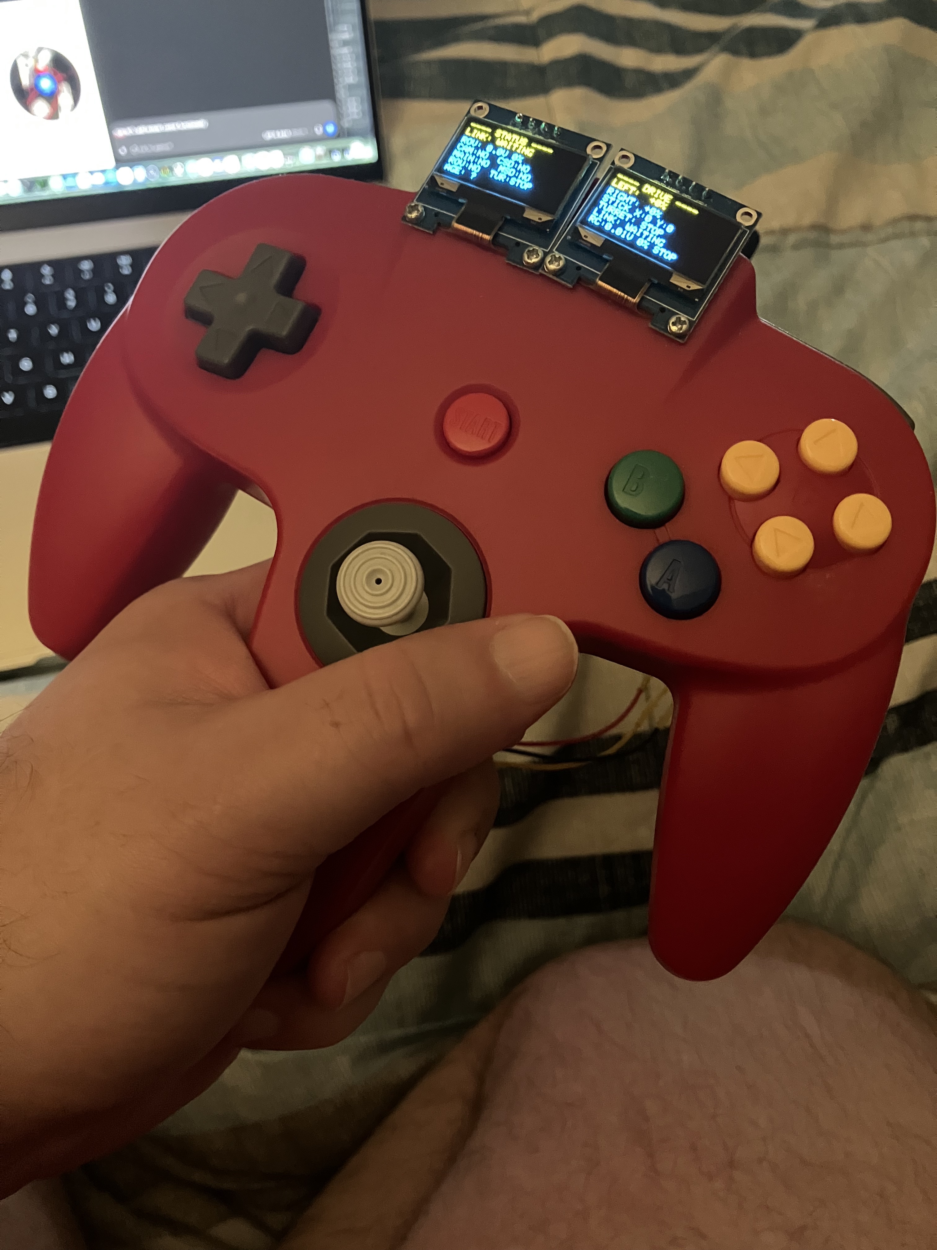 Red N64-style controller adapted for Recon Rover with two mounted OLED displays