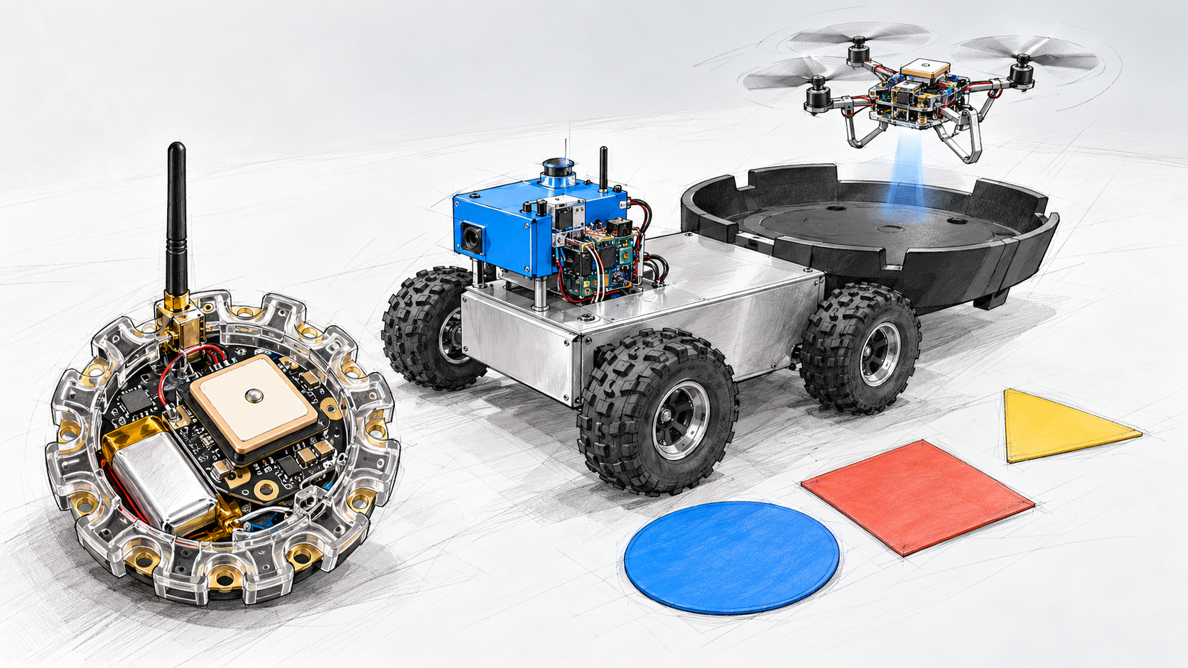 Concept sketch showing a Recon-style ground rover, quadcopter, enclosed beacon, and colored placards